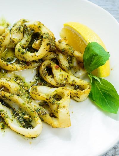 Squids with Basil, Almonds and Extra Virgin Olive Oil